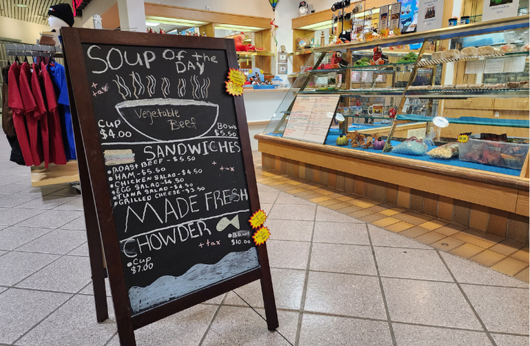 Foggy City Sweets and Souvenirs soup of the day sign