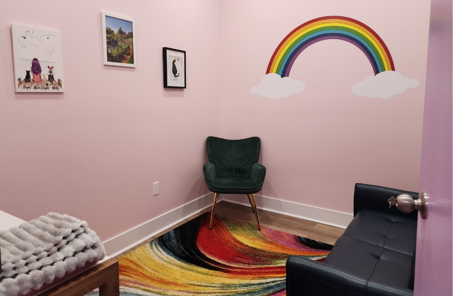 End-of-life care room at Uptown Animal Clinic with soft seating, a rainbow wall mural, and a calm, comforting setting.